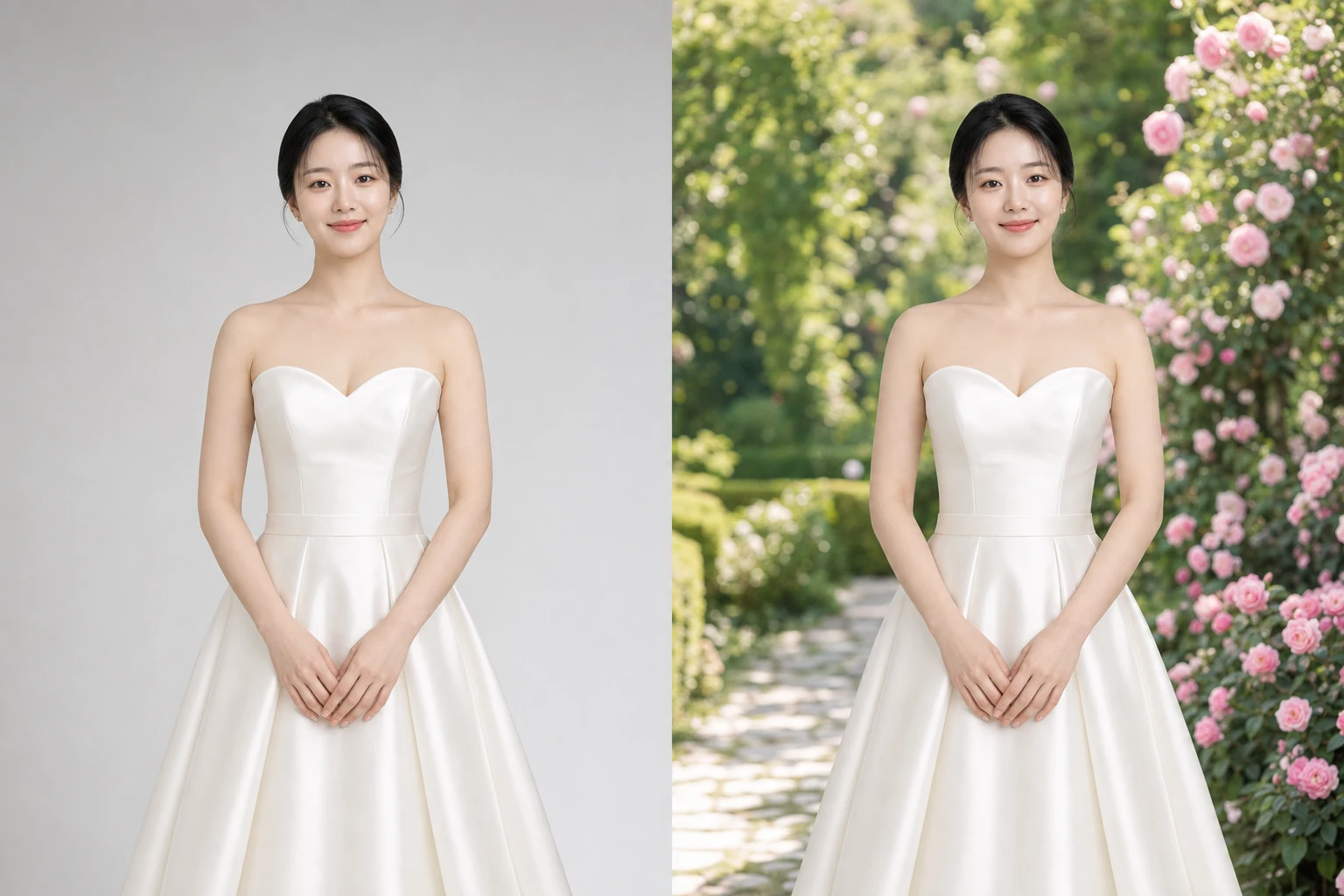 꽃이 핀 정원 배경으로 바뀐 웨딩 사진 AI 생성 예시