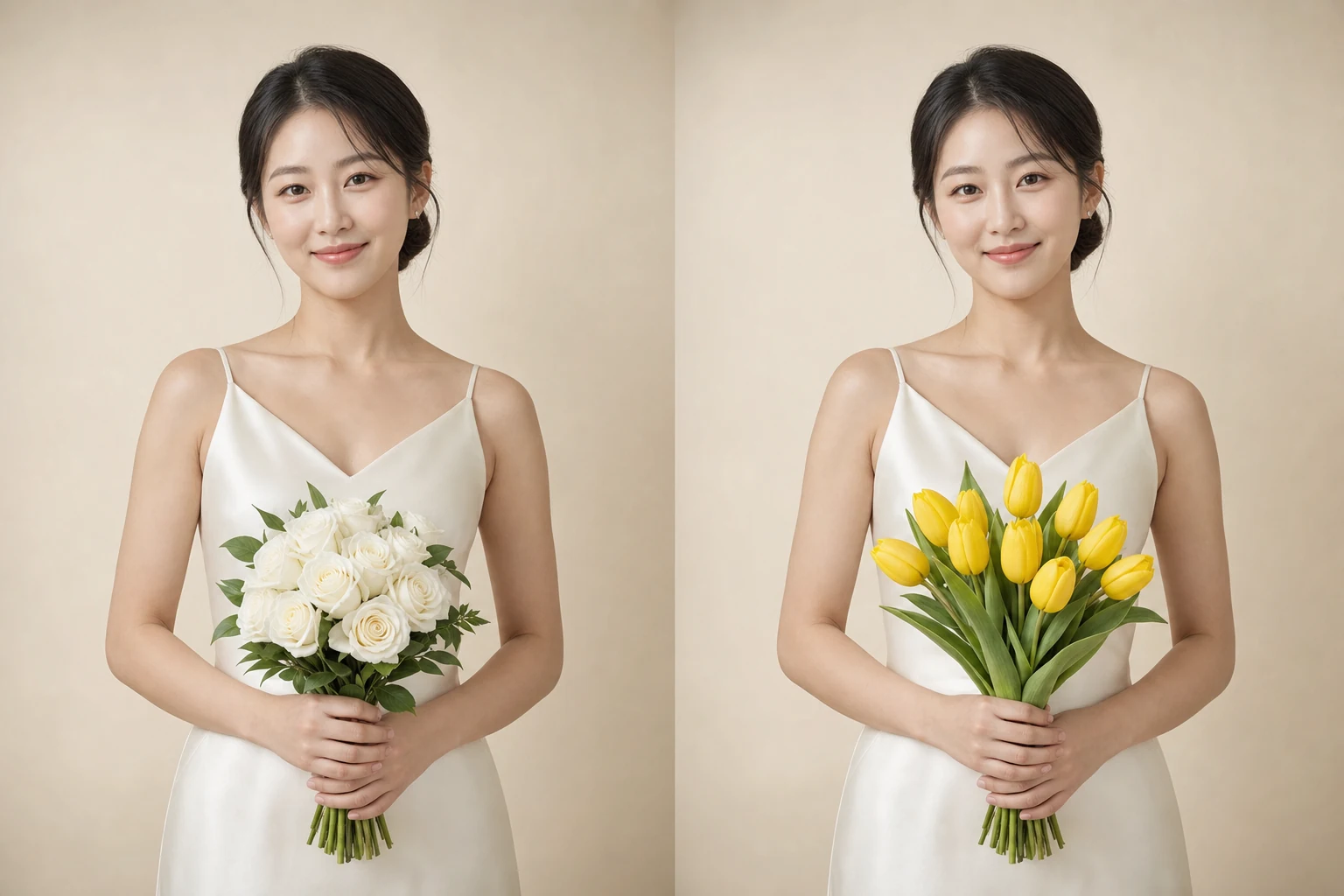 노란 튤립 꽃다발로 바뀐 웨딩 사진 AI 생성 예시