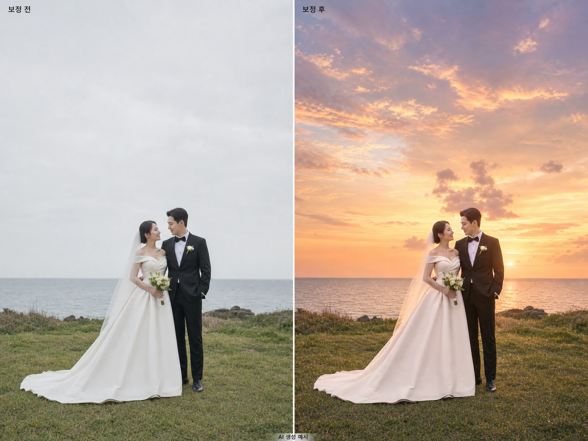 하늘 합성·색감 전후 · AI 생성 예시 보정 후 AI 생성 예시